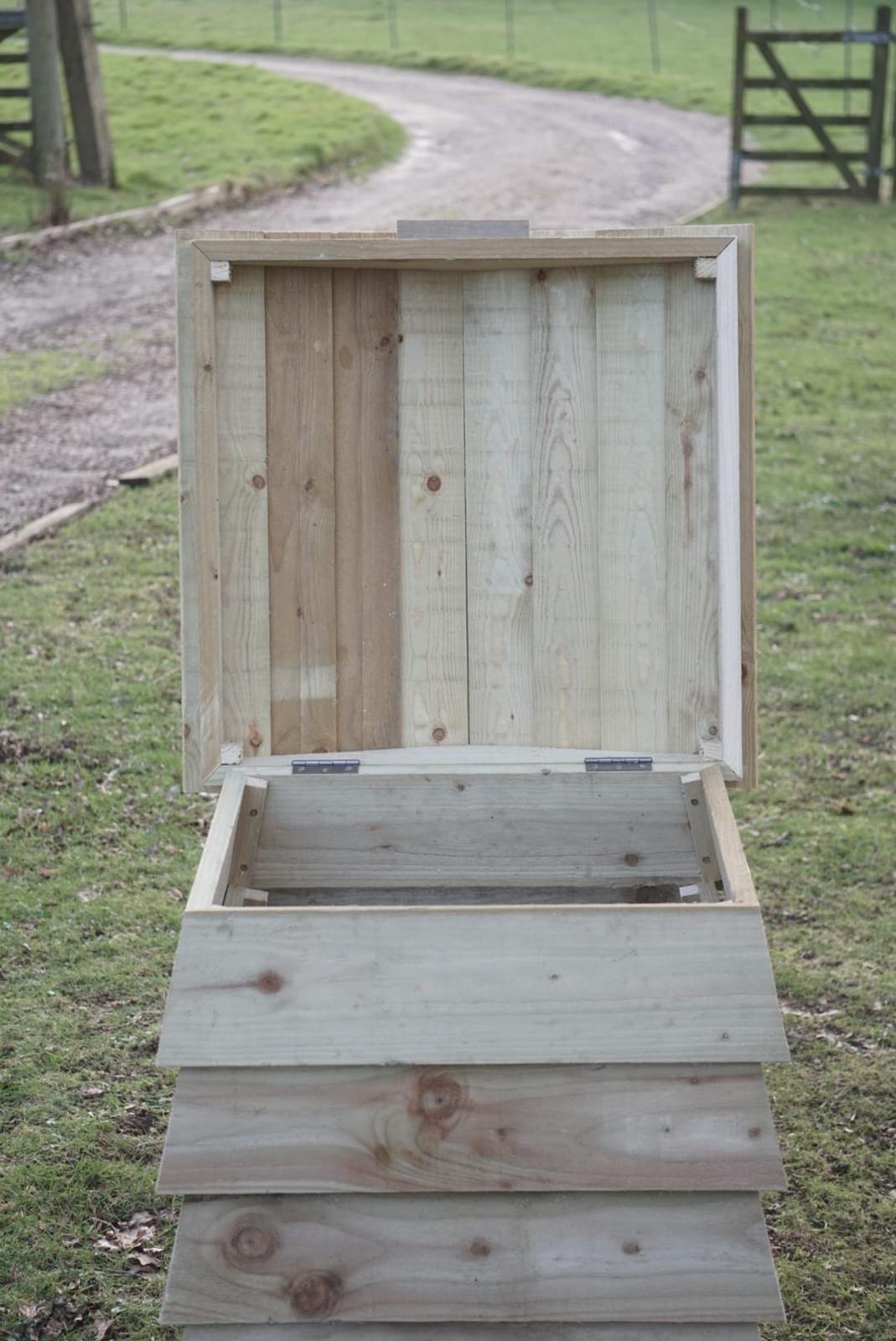 Close-up of the Beehive Composter timber construction and hinged lid