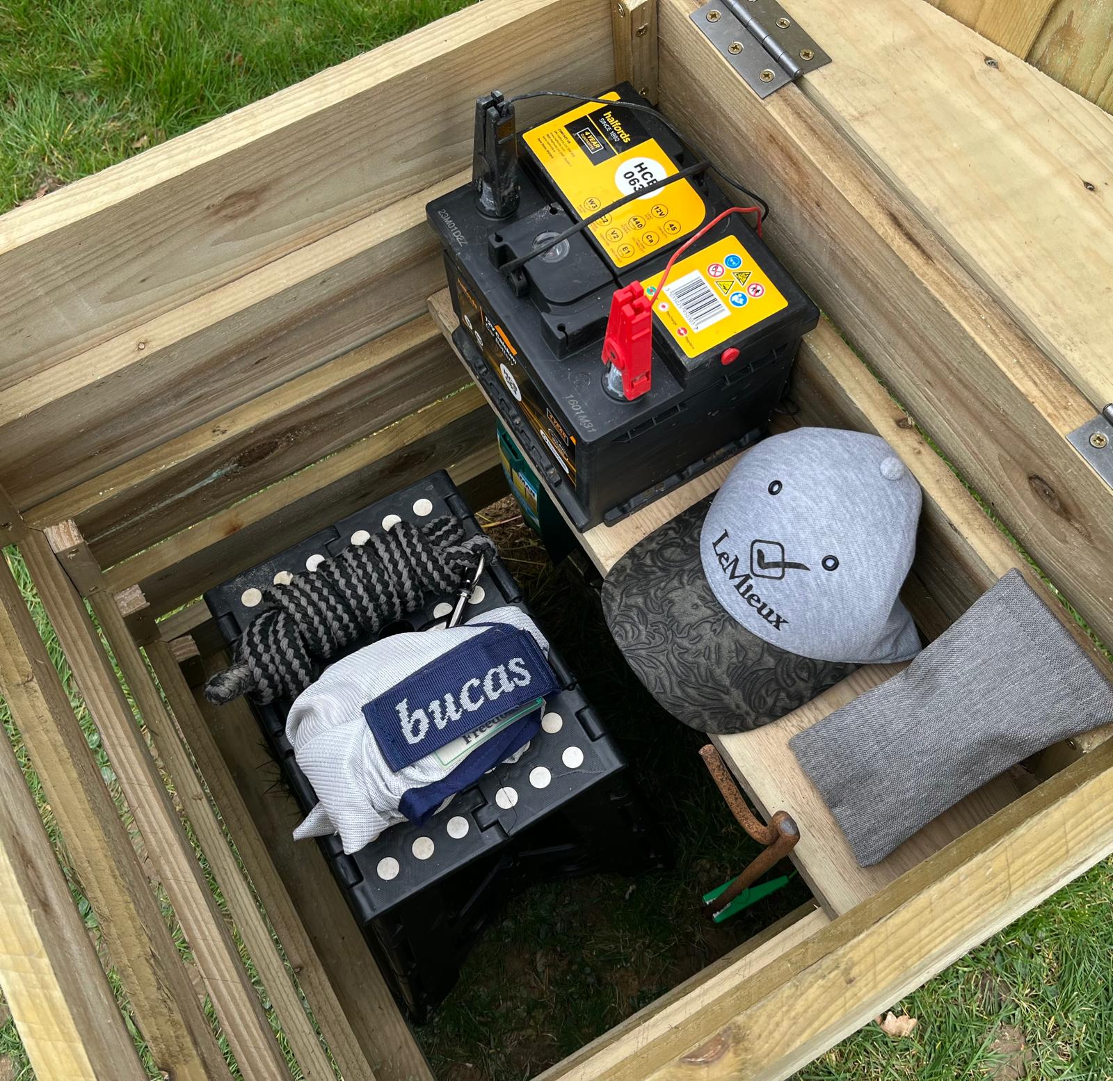 Detailed view of Equestrian Hive storage for yard and fence energiser equipment